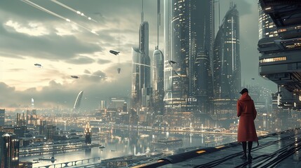 A solitary figure stands against the backdrop of a sprawling sci-fi megacity at dusk, with futuristic vehicles soaring between high-rise towers. - obrazy, fototapety, plakaty