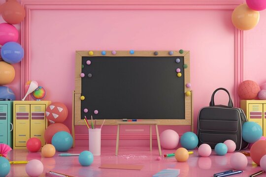 Blackboard, study desk, lockers, school bags and school supplies surrounded by colorful balls on a pink background.-3d rendering..