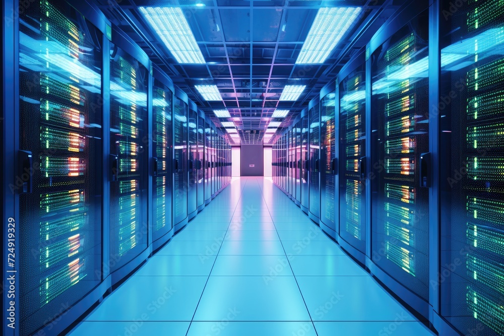 Poster rows of servers in a data center, efficiently processing, storing, and delivering data, shot of corr