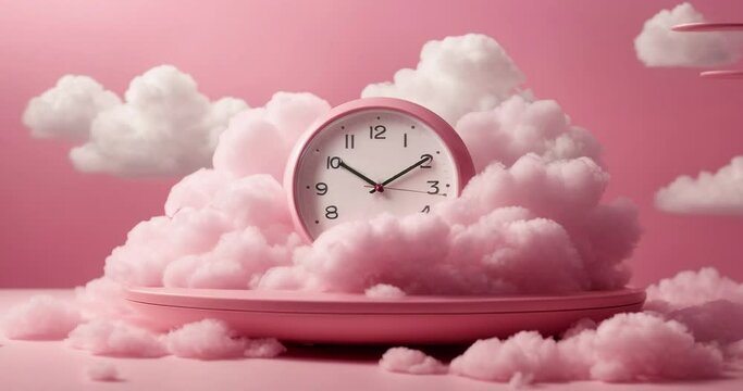 Pink alarm clock closeup wake-up time morning with space isolated on pink background. minimal design concept.Zoom in. 4k loop. Generative AI