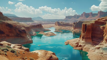 Panoramic view of the expansive Lake Powell with its unique rock formations and vivid blue waters under a vast sky with fluffy clouds. - obrazy, fototapety, plakaty