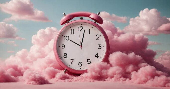 Pink alarm clock closeup with clouds, wake-up time morning on pink background. minimal design concept.Zoom in.4k loop.Generative AI