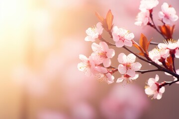 Branch With Pink Flowers on a Tree, Spring blossom background Nature scene with blooming tree and sun flare, AI Generated