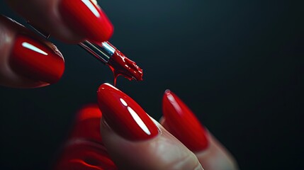 Close-up of a hand applying vibrant red nail polish to perfectly manicured nails, highlighting beauty and self-care. - obrazy, fototapety, plakaty