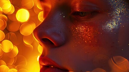 A close-up portrait featuring golden glitter makeup on a woman's face with warm bokeh lights.