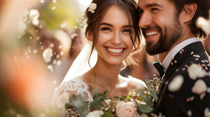 A happy wedding couple celebrating their joyous union with family and friends.
