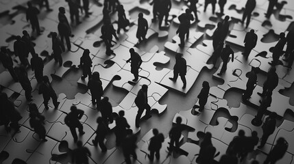 Monochrome image of human silhouettes standing on jigsaw puzzle pieces, portraying a concept of social connection and complexity. - obrazy, fototapety, plakaty