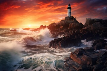 Fototapeta premium A stunning lighthouse stands tall on a rugged cliff, offering breathtaking views of the endless ocean, Sunset view of a lighthouse on a rocky cliff, with crashing waves below, AI Generated