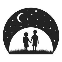 Black silhouette of children holding hands under the moonlit sky. Vector. Transparent background. Can be used for web design.