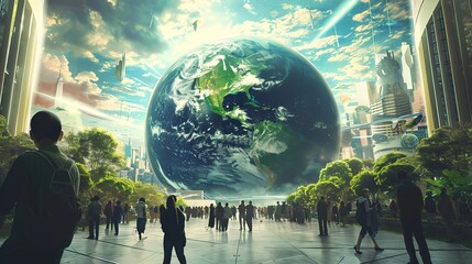 A stunning visual of a futuristic city plaza where pedestrians gaze upon an enormous Earth in the sky above, evoking a sense of global citizenship and futuristic vision. - obrazy, fototapety, plakaty