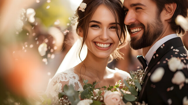 A happy wedding couple celebrating their joyous union with family and friends.