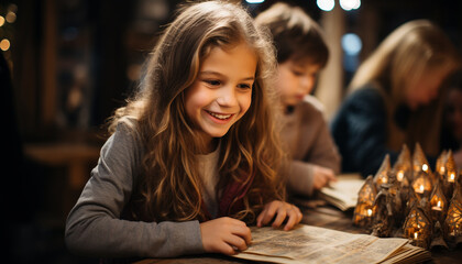 Obraz na płótnie Canvas Smiling girls bonding, reading book, enjoying cheerful childhood generated by AI