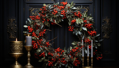 Fototapeta na wymiar Winter celebration holly wreath, candle, ornament, gift generated by AI
