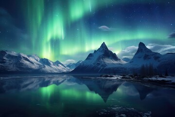 A breathtaking photo capturing the beauty of a vivid green and blue aurora borealis dancing over a peaceful lake, The ethereal beauty of the Northern Lights, AI Generated