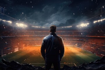 A lone man stands amid the silence and vast emptiness of an abandoned stadium, The football player in the stadium, AI Generated