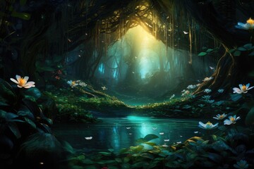 Naklejka premium A beautiful painting depicting a serene forest landscape adorned with vibrant water lilies, The heart of a dense, mystic rainforest with glowing flora, AI Generated