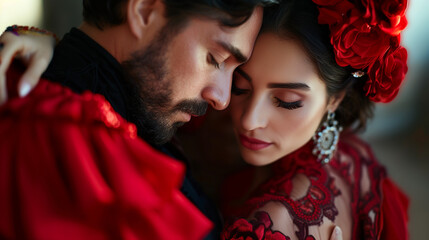 Spanish couple in flamenco traditional costume.  - obrazy, fototapety, plakaty