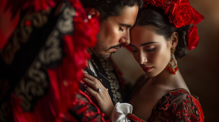 Spanish couple in flamenco traditional costume. 