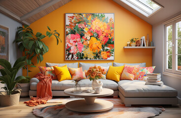 Bright Living Room with Colorful Floral Artwork, cozy living room bathed in sunlight, featuring vibrant floral artwork above a modern sofa with matching yellow accents
