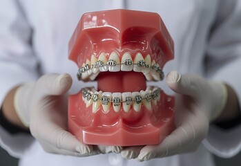 Detailed close-up of braces on a model of human teeth, highlighting orthodontic care and dental health - obrazy, fototapety, plakaty
