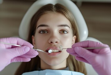 Patient in dental chair, dentist's gloved hand provides comfort - dental care and patient experience