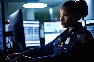 A black female police officer in uniform working diligently at a police station, using a computer, and attentively reviewing reports and documents.
