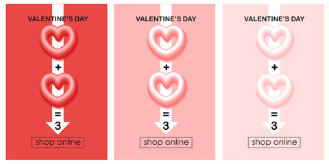Valentine's day sale shop banner, card, voucher. Background with 3d heart. Red, pink, white colors.