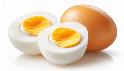 Poster Sliced soft boiled eggs on white background © Loliruri