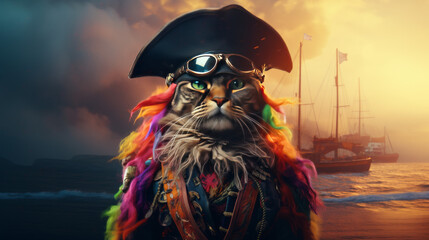 A cute cat as pirate in rainbow colors