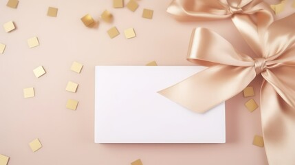 Blank card with golden bow and confetti on pastel background