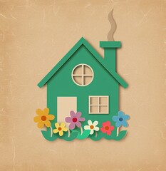 A charming paper craft featuring a cozy green home surrounded by bright blooming flowers, perfect for home and family theming.