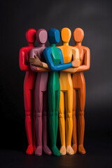 Five colorful silhouettes unified in embracing diversity, standing together in equality. Imagery of individuals connected with harmony and group inclusion. Solidarity, emotional and physical support.