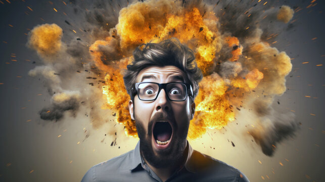 Mind-blowing idea, shocked man in chaos with explosion behind his head. Symbolizing intense stress, mental strain, or mental health issues, depicting a mind-blowing, explosive scenario