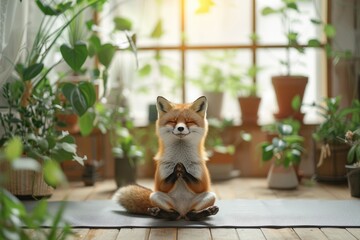 funny cute anthropomorphic fox sits on the mat and doing yoga.