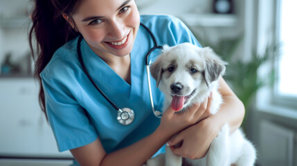 The vet holds a cute dog in his arms. A veterinarian examines a dog and a cat. Veterinary clinic. Pet inspection and vaccination. Healthcare.