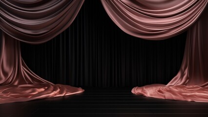 Chic black stage with cascading silk rose gold curtains in background, Premium showcase mockup template for Beauty, Cosmetic, Luxury products, with copy space for text