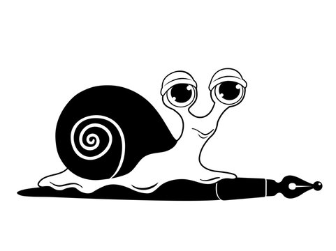 A cute snail crawls on a feather pen. Black white cartoon vector illustration, isolated on white