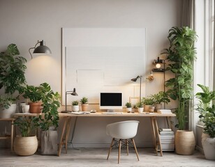 Digital generated image of comfortable workplace with potted plants, books, pegboard, paper sticky note, table lamp and computer
