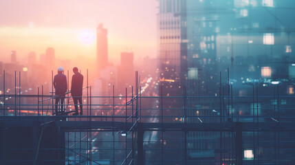 :  Two Construction Workers Contemplating Cityscape at Sunset from High Vantage Point