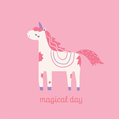 Print design for kids wear with cute unicorn drawing as vector