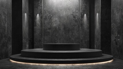 A sleek, black podium glows in the dimly lit room, commanding attention and exuding an air of sophistication and authority