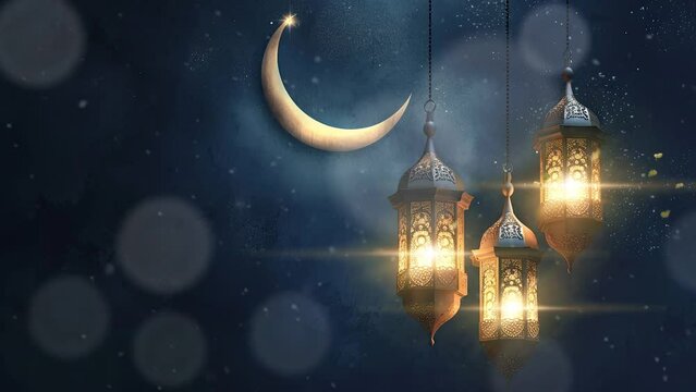 animation of ramadan night with lantern and moon decoration. seamless looping time-lapse virtual 4k video animation background.	