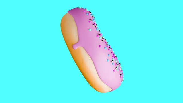 Pink Donut with Sprinkles Rotating on a Blue Background. Seamless Loop of Doughnut spinning. 3d Rendered Animation of Pastry and Confectionery