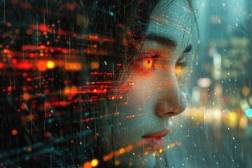 A woman's face illuminated by the glowing light of a screenshot, captured in the stillness of the night