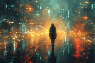 A solitary figure braves the city's glittering streets, drenched by the rain, their path illuminated by the glowing lights of the bustling metropolis - obrazy, fototapety, plakaty