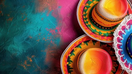 Mexican Sombrero hat with colorful pattern with empty space background. AI generated image