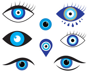 Eyes set. Evil eyes collection. Set of Turkish or Greek eye symbols, icon. Blue evil eye illustration. Set of Eye vector design. Vector illustration.
