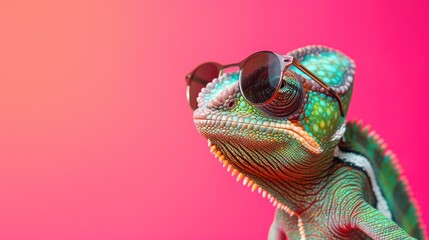 Chameleon wearing glasses on a solid color with copy space background. AI generated image