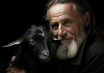 Portrait of a moment of affection between an elderly farmer man and his goat. Care and attention. Domestic and farm animals.