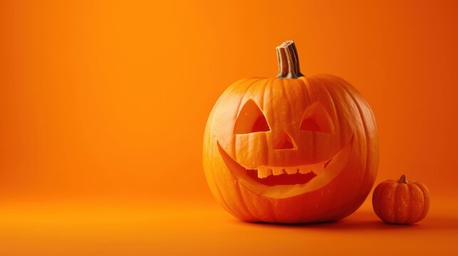 Scary face orange pumpkin Halloween concept with empty space background. AI generated image